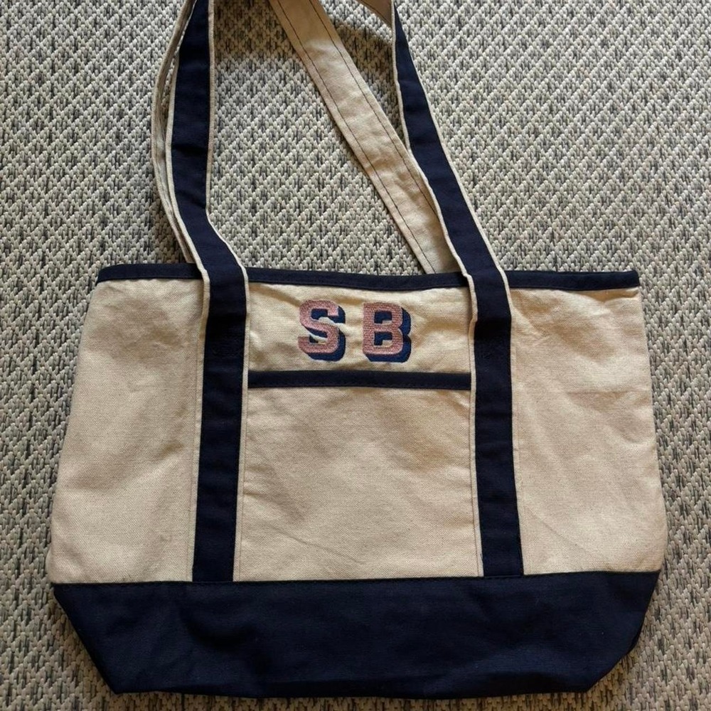 Canvas tote bag personalized embroidered initials SB pink navy cream gift unique